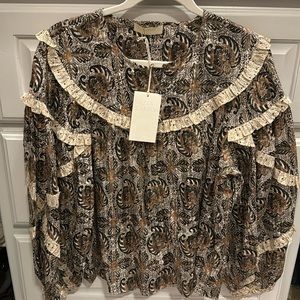 Ulla Johnson Floral Paisley Ruffle Blouse in Black, Brown & Cream